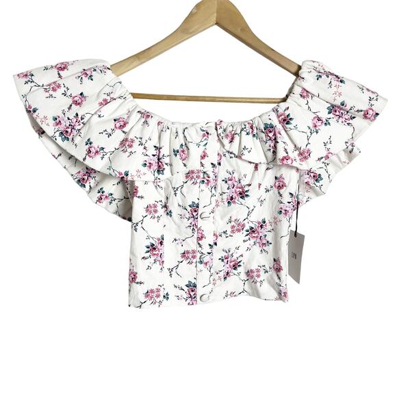 LPA White Floral Print Ruffled Off the Shoulder Linen Smocked Top Size XS - Picture 4 of 12